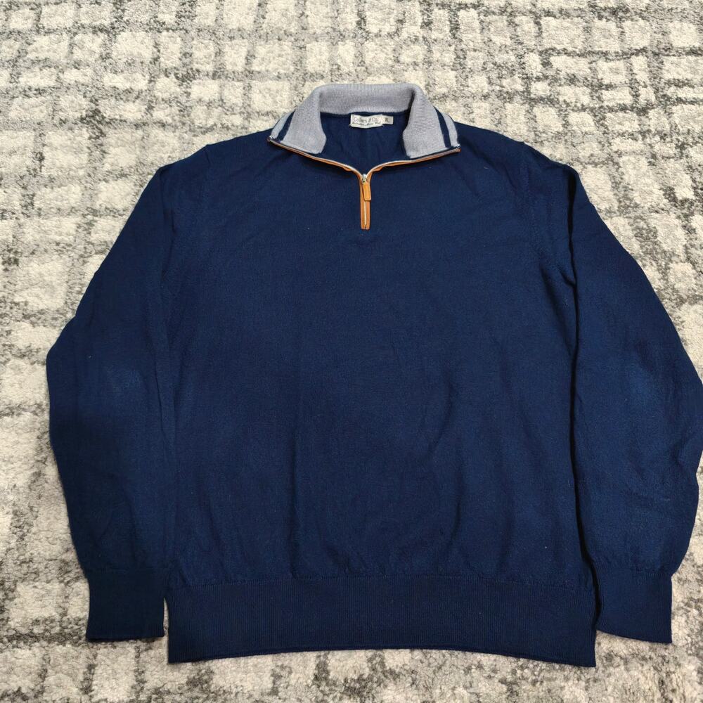 Collars & Co. Merino Wool Quarter Zip Sweater XL Navy Blue Gray Trim Knit